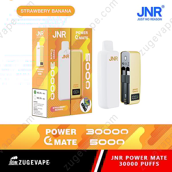 Jnr Power Mate Wegwerp Vape-apparaat met 30.000 trekjes en een capaciteit van 5000 mAh, met een aardbeien-bananensmaak en een strak wit en geel ontwerp, afgebeeld met verpakking en apparaatdetails.