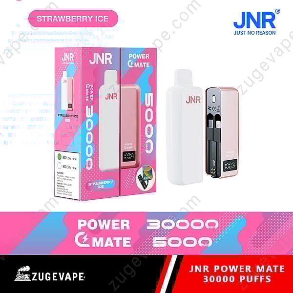 Een roze en wit vape-apparaat met het label &quot;Jnr Power Mate&quot; met een verpakking waarop staat &quot;Strawberry Ice&quot;, met een ontwerp dat aangeeft dat het 30.000 trekjes biedt en een 5.000 mAh-batterij heeft. De doos bevat ook waarschuwingslabels en productspecificaties.