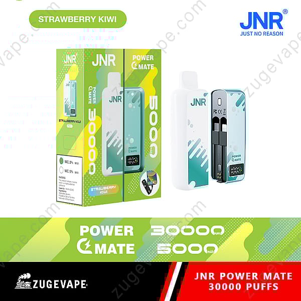 Jnr Power Mate Wegwerp Vape-apparaat met 30.000 trekjes, 5000 mAh-batterij en aardbei-kiwi-smaakverpakking.