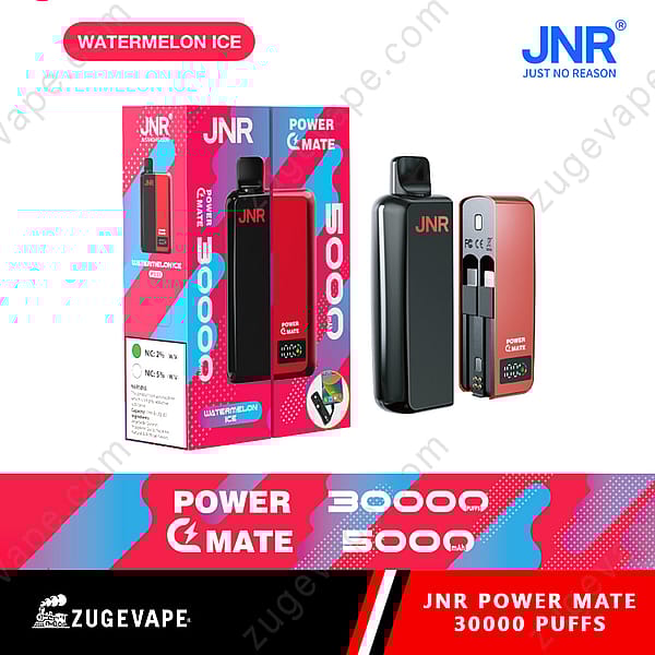 Een levendige productdisplay met het Jnr Power Mate Vaping-apparaat. De verpakking toont een watermeloenijssmaak, met een rood en zwart apparaat prominent weergegeven. De verpakking benadrukt functies zoals &Quot;30000 trekjes&Quot; en &Quot;5000 mAh&Quot;. De achtergrond bevat kleurrijke afbeeldingen en tekst.
