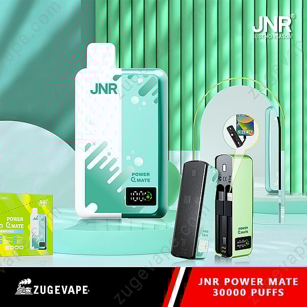 Jnr Power Mate 30000 Wegwerp Vape-apparaat met een strak groen design, digitale trekjesteller, capaciteit van 30.000 trekjes en USB-oplaadpoort, weergegeven naast verpakking en componenten.