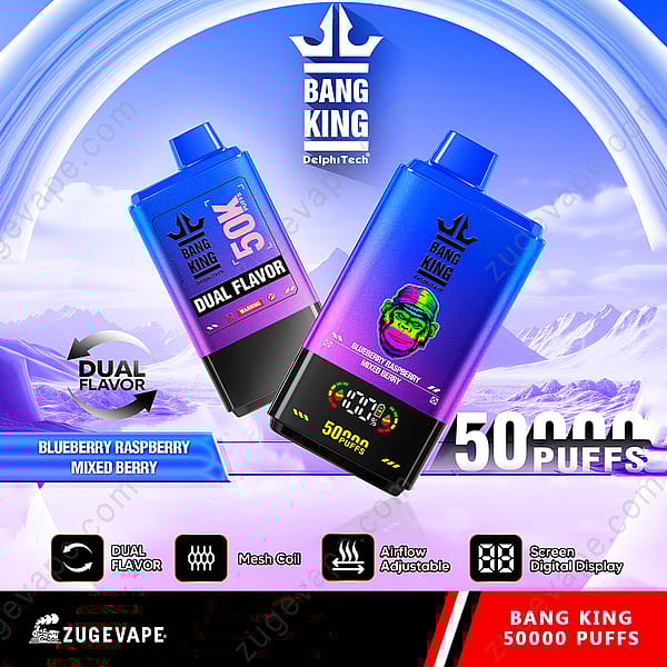 Werbebild für das Bang King-Einweg-Vape-Gerät mit zwei Geschmacksrichtungen: Blaubeere, Himbeere und gemischte Beeren. Das Produkt bietet 50.000 Züge, einstellbare Luftzufuhr, eine Mesh-Spule und eine digitale Bildschirmanzeige. Der Markenname lautet „Bang King von Delphitech“.