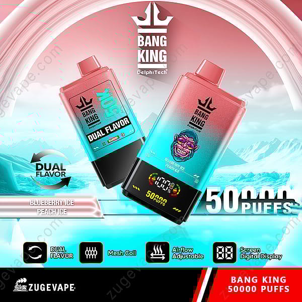Werbebild für das Bang King 50000 Puffs Dual-Flavor-Vape-Gerät mit den Geschmacksrichtungen Blueberry Ice und Peach Ice, mit einstellbarer Luftzufuhr und digitaler Bildschirmanzeige vor einem Hintergrund mit Eisthema.