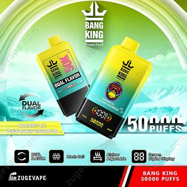 Werbedisplay des Bang King Vaping-Geräts mit zwei Geschmacksrichtungen, einem detaillierten digitalen Bildschirm und einer Kapazität von 50.000 Zügen in farbenfrohem Design.