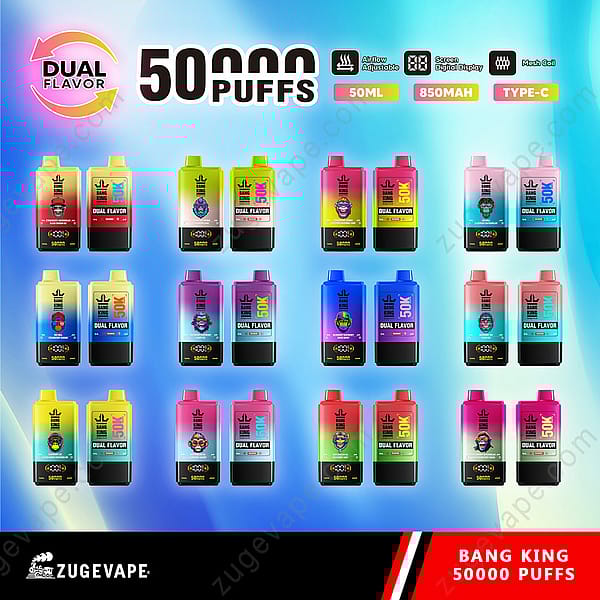 Werbebild, das verschiedene Bang King Dual Flavor Vaping-Geräte zeigt, erhältlich in mehreren farbenfrohen Designs, mit Funktionen wie 50.000 Zügen, 50 ml Fassungsvermögen, 850 mAh-Akku und einstellbarer Luftzufuhr, angezeigt auf einem Hintergrund mit Farbverlauf in Blau mit Markenlogo und Slogan.