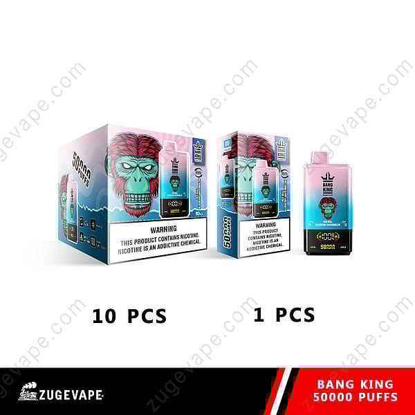Verpackung des Bang King Einweg-Vape für 50.000 Züge, mit dem Design eines gekrönten Affen und Informationen zum Produktgeschmack.