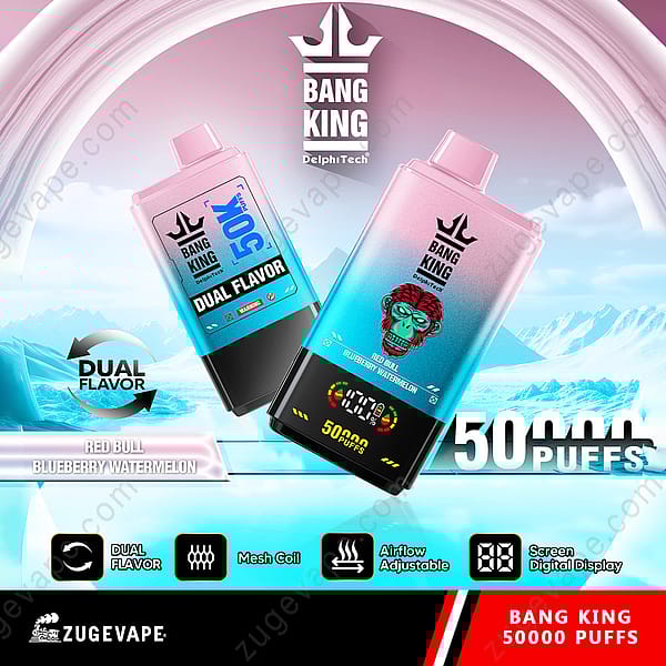 Werbebild des elektronischen Vape Bang King für 50.000 Puffs mit den zwei Geschmacksrichtungen Red Bull und Blaubeer-Wassermelone und Funktionen wie einer Mesh-Spule, einstellbarer Luftzufuhr und digitaler Bildschirmanzeige mit einem bunten Hintergrund, der die Produkthighlights hervorhebt.