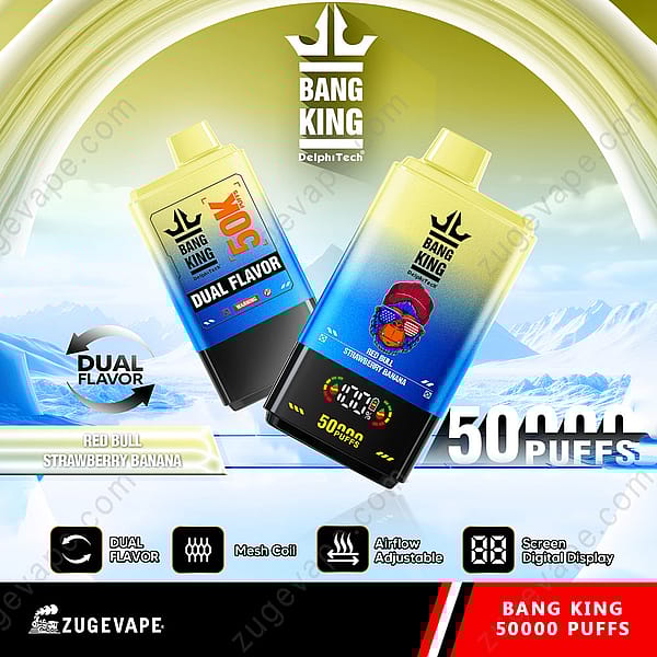 Werbebild, das das Einweg-Vape-Gerät von Bang King mit einer Option für zwei Geschmacksrichtungen (Red Bull und Erdbeer-Banane) und wichtigen Funktionen wie 50.000 Zügen, Mesh-Spule, einstellbarem Luftstrom und einer digitalen Bildschirmanzeige vor einer frostigen Bergkulisse zeigt.