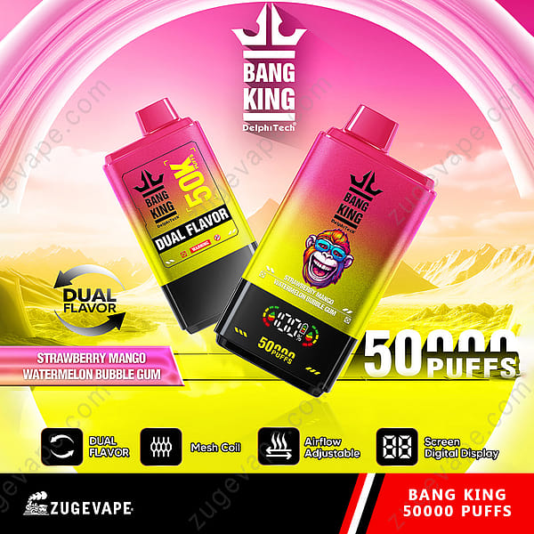 Werbebild des Bang King 50000 Puffs Einweg-Vaporizers mit zwei Geschmacksrichtungen (Erdbeer-Mango und Wassermelonen-Kaugummi), einem farbenfrohen Farbverlaufsdesign und einer Digitalanzeige.