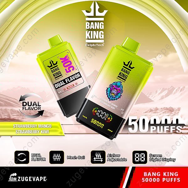 Werbung für das Bang King Delphitech Vape-Gerät mit den zwei Geschmacksrichtungen Erdbeer-Mango und Erdbeer-Kiwi, das sein Design, seine Kapazität für 50.000 Züge, seinen digitalen Bildschirm, seine einstellbare Luftzufuhr und seine Mesh-Coil-Technologie vor einem lebendigen Hintergrund präsentiert.