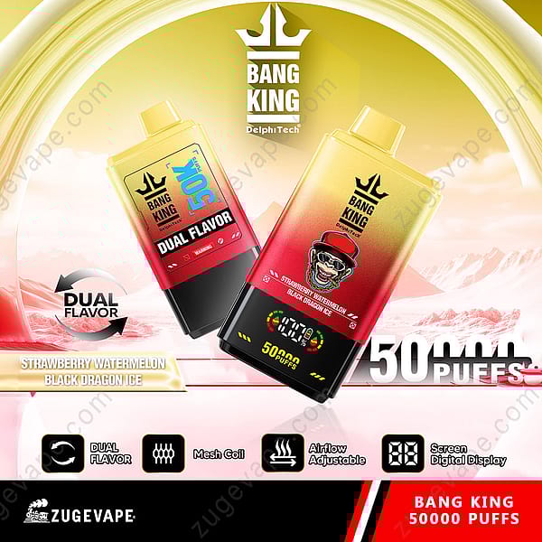 Werbegrafik für das Bang King Dual-Flavor Vape-Gerät mit 50.000 Zügen in den Geschmacksrichtungen Erdbeere, Wassermelone und Black Dragon Ice, Mesh-Coil-Technologie, einstellbarer Luftzufuhr und digitalem Anzeigebildschirm.