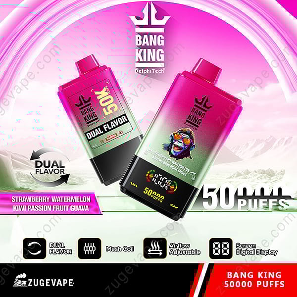Ein Werbebild für Bang King Vape mit zwei Geschmacksrichtungen, darunter Erdbeere-Wassermelone und Kiwi-Passionsfrucht-Guave, für 50.000 Züge, mit einstellbarer Luftzufuhr und einer Netzspule, dargestellt vor einem leuchtend rosa und grünen Hintergrund.