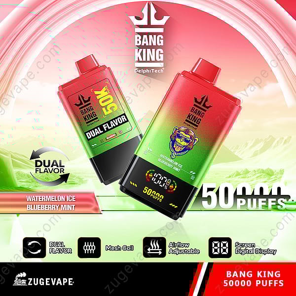 Werbung für Bang King Vape mit den beiden Geschmacksrichtungen Wassermeloneneis und Blaubeerminze, einer Kapazität von 50.000 Zügen, Mesh-Spule, einstellbarer Luftzufuhr und digitaler Bildschirmanzeige.