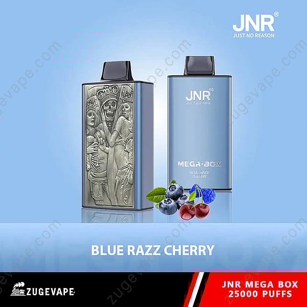 Jnr Mega Box Vape-product met een blauwe Razz-kersensmaak en een ontwerp van een skeletfiguur met een kroon, tegen een lichtblauwe achtergrond.