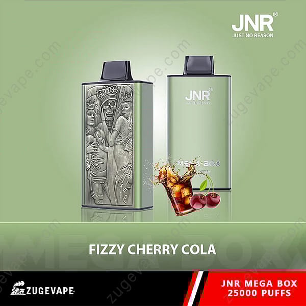 Jnr Mega Box Vape-apparaat in de smaak Fizzy Cherry Cola, met een strak design met een reliëf Skeletal King-frontpaneel en een afbeelding van Cherry Cola aan de zijkant.
