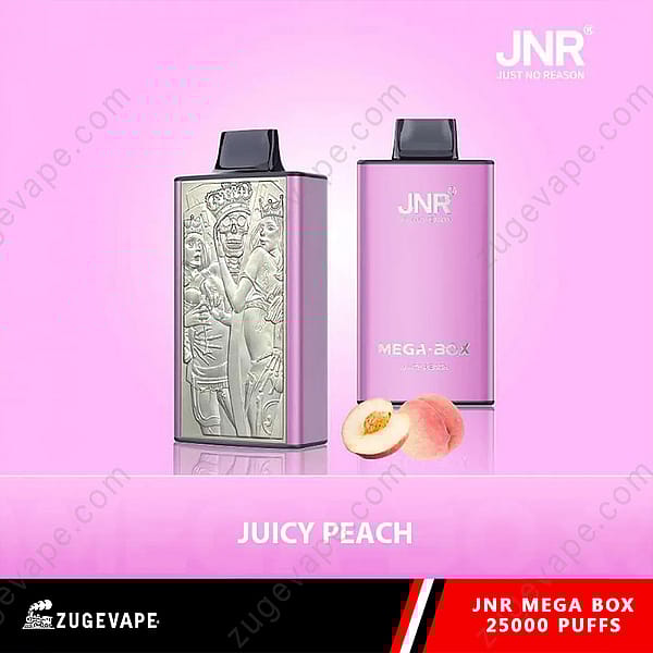 Twee roze vape-apparaten met decoratieve en metalen gravures, met de merknaam Jnr Mega Box in de smaak Juicy Peach, geplaatst op een roze achtergrond.