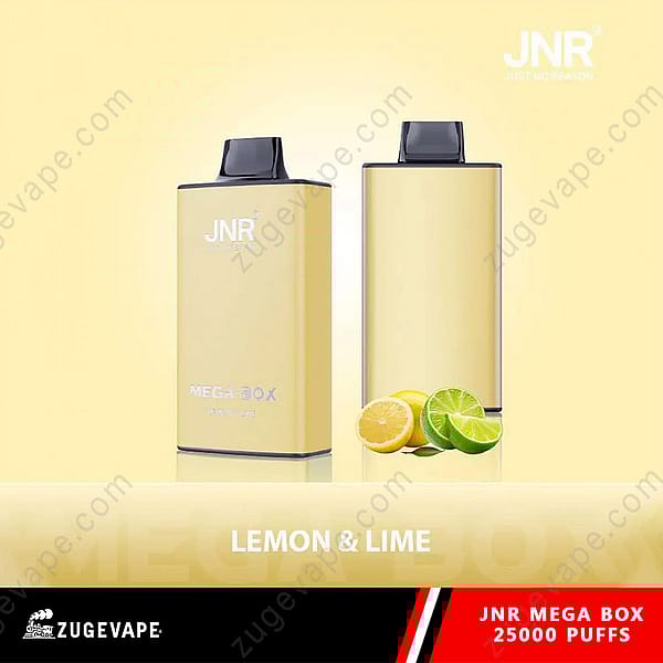 Jnr Mega Box Vaping-apparaat in citroen- en limoensmaak, weergegeven met een geel en limoengroen ontwerp naast halfgesneden citroenen en limoenen, met een capaciteit van 25.000 trekjes.