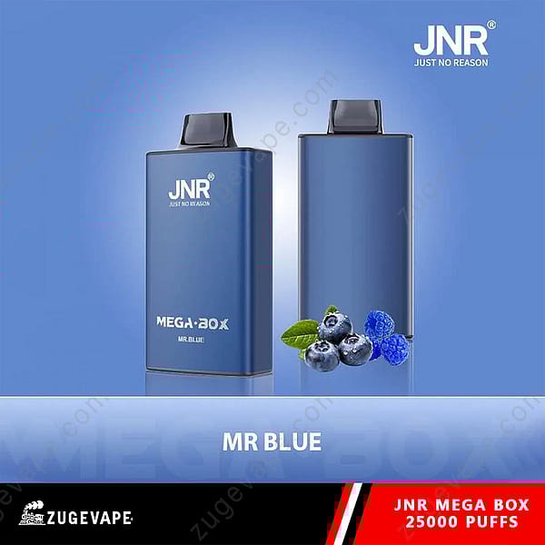 Een promotieafbeelding voor de Jnr Mega Box Vape met een strak blauw ontwerp, gelabeld 'Mr. Blue' en '25,000 Puffs', met illustraties van bosbessen en frambozen om de smaak te benadrukken.