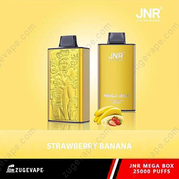 Een promotieafbeelding van Jnr Mega Box Vape-apparaten in de smaak Aardbei-Bananen, met een luxe gouden ontwerp met gegraveerde patronen en een afbeelding van aardbeien en bananen onder de apparaten.