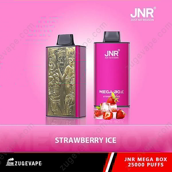Twee vape-apparaten van Jnr Mega Box Strawberry Ice Edition worden tentoongesteld tegen een roze achtergrond, één met een goudkleurig gesneden ontwerp en de andere in magentakleur, vergezeld door aardbeien en ijsblokjes.