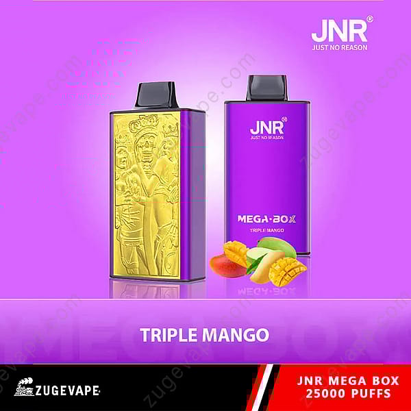 Een promotieafbeelding van het Jnr Mega Box Triple Mango Vape-apparaat, met een levendig paars en goudkleurig ontwerp, samen met mango-thema-afbeeldingen en een capaciteit van 25.000 trekjes.