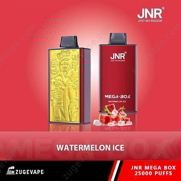 Promotie-afbeelding van het Jnr Mega Box Vape-apparaat met een watermeloen-ijssmaak, met decoratieve verpakking met ingewikkelde gouden reliëfdruk en een rood ontwerp.