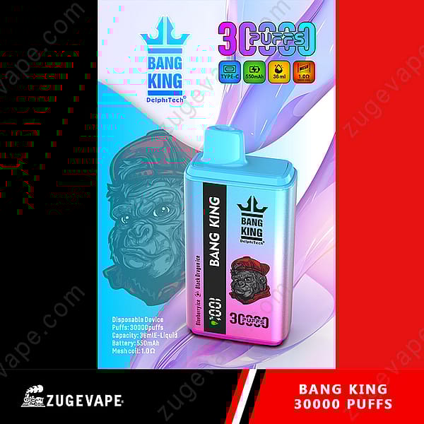 Un design d'emballage coloré pour un appareil de vapotage jetable appelé « Bang King ». L'emballage présente une illustration caricaturale d'un singe ou d'un gorille portant une casquette rouge, ainsi qu'un texte mettant en évidence des spécifications telles que « 30 000 bouffées », « Type-C », « Batterie 550 mAh » et « Capacité de 36 ml d'e-liquide ». L'arrière-plan présente un dégradé de bleu et de violet avec des formes fluides.