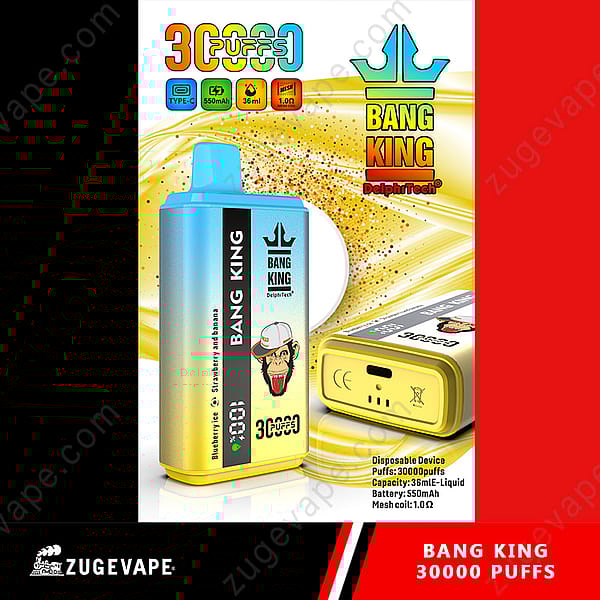 Appareil de vape jetable Bang King avec 30 000 bouffées, avec saveur de glace aux myrtilles, de fraise et de banane, batterie de 550 mAh, capacité de e-liquide de 36 ml et bobine en maille.