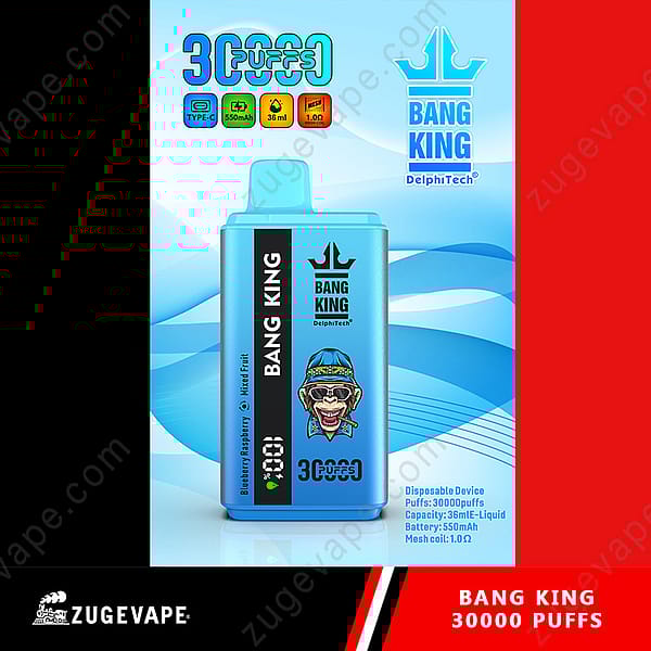 Appareil de vape jetable Bang King avec 30 000 bouffées, avec saveur de fruits mélangés à la myrtille et à la framboise, capacité d'e-liquide de 36 ml, batterie de 550 mAh et bobine en maille de 1,0 Ω.