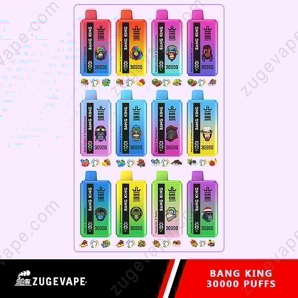 Une exposition de différentes saveurs de vape jetables Bang King 30 000 Puffs, avec un emballage coloré avec des illustrations de singes et d'images de fruits.