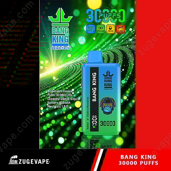 Appareil de vape jetable Bang King avec 30 000 bouffées, capacité d'e-liquide de 36 ml, batterie de 550 mAh et bobine en maille de 1,0 Ω, avec un design bleu et vert avec un graphique d'un gorille.