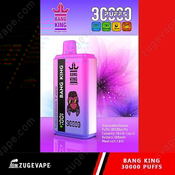 Appareil de vape jetable Bang King avec un design rose et violet, doté d'une capacité d'e-liquide de 36 ml, d'une batterie de 550 mAh et de 30 000 bouffées.
