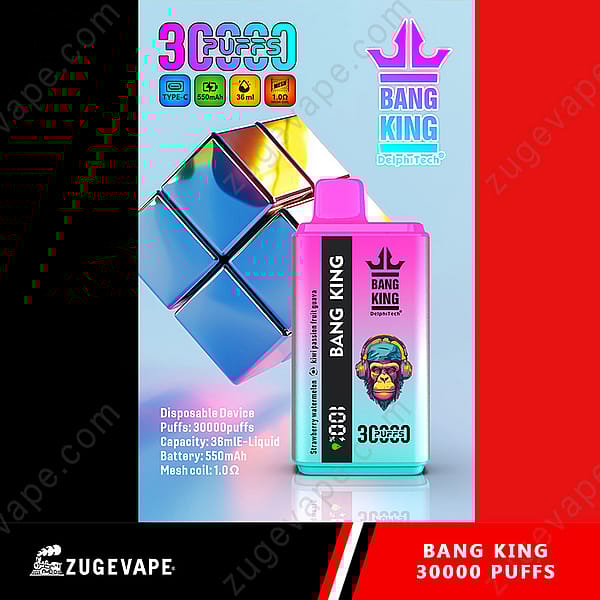 Appareil de vape jetable Bang King avec 30 000 bouffées, avec saveur de fraise, de pastèque, de kiwi et de fruit de la passion, batterie de 550 mAh, capacité de e-liquide de 36 ml et bobine en maille.