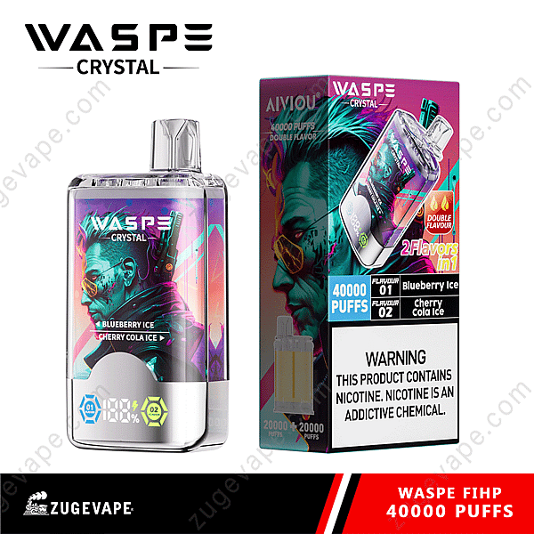Dispositivo de vapeo Waspe Crystal con 40.000 bocanadas, con sabores dobles: helado de arándano y helado de cereza y cola, empaquetado en una caja colorida con una etiqueta de advertencia de nicotina.