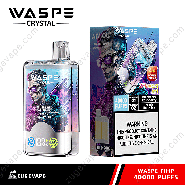 Dispositivo vaporizador Waspe Crystal con dos sabores (arándano y frambuesa y melocotón y bayas heladas), 40 000 bocanadas, diseño futurista y pantalla digital.