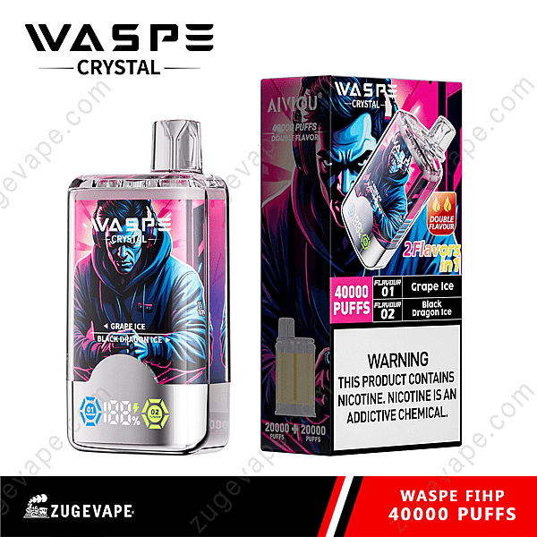 Dispositivo vaporizador Waspe Crystal con doble sabor (Grape Ice y Black Dragon Ice), 40.000 bocanadas, con advertencia sobre el contenido de nicotina.