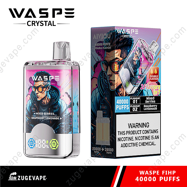 Dispositivo vaporizador Waspe Crystal con 40 000 bocanadas, con sabores dobles: bayas mixtas y limonada de frambuesa, empaquetado en una caja vibrante con una etiqueta de advertencia de nicotina.