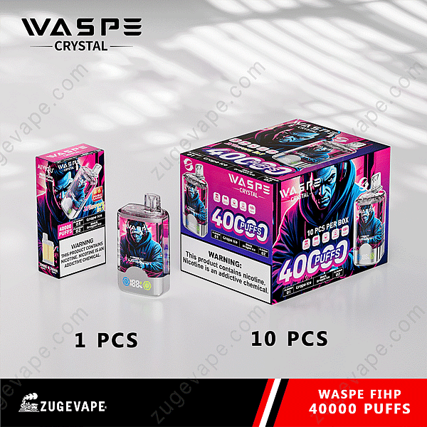 Dispositivo de vapeo desechable Waspe Crystal con un diseño que presenta un personaje y sabor a helado de uva. El empaque incluye opciones para 1 y 10 unidades, con un total de 40.000 caladas.