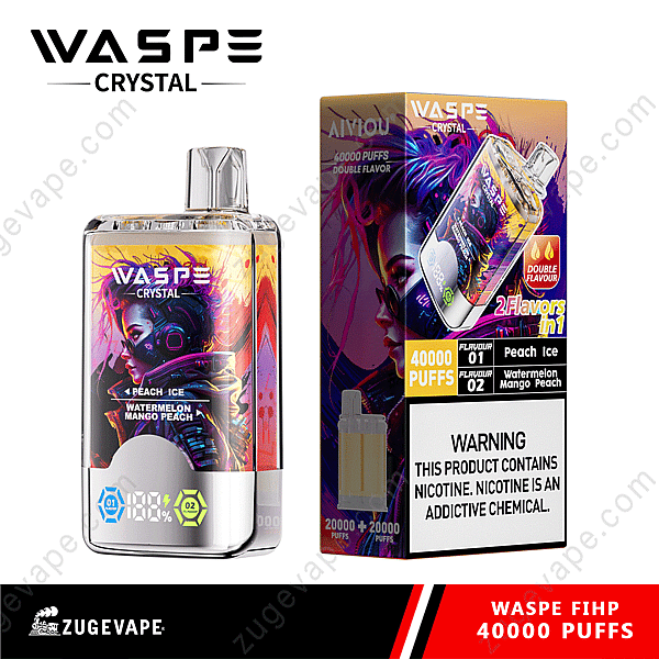 Dispositivo vaporizador Waspe Crystal con dos sabores (melocotón helado y sandía, mango y melocotón), 40.000 bocanadas, con un diseño futurista y pantalla digital.