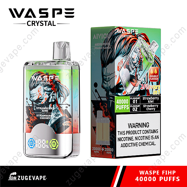 Dispositivo de vapeo con dos opciones de sabor (fresa kiwi y fresa cereza) y una pantalla digital que muestra el conteo de bocanadas, con caja de empaque que muestra la marca y una etiqueta de advertencia.