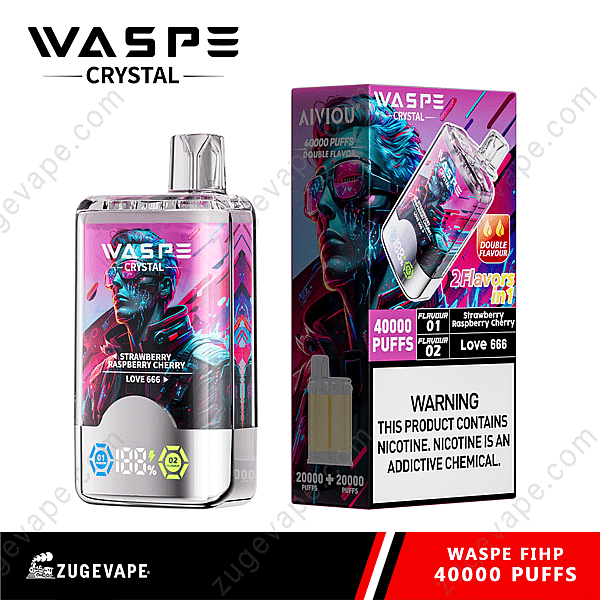 Vape desechable Waspe Crystal, con sabor a fresa, frambuesa y cereza, 40.000 bocanadas y dos opciones de sabor, con un diseño colorido y una etiqueta de advertencia sobre la nicotina.