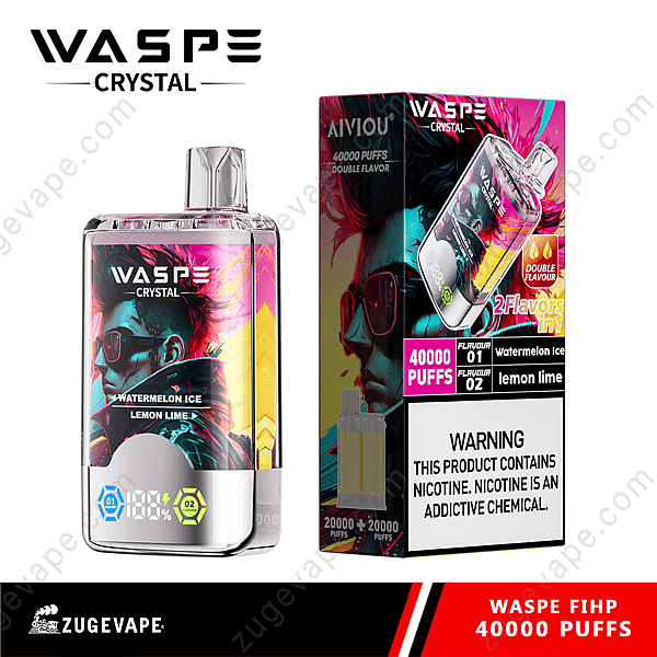 Waspe Crystal - Vapeador desechable con sabores a sandía, hielo y limón y lima, con un diseño colorido y con personalidad. Envase para 40.000 caladas, disponible en unidades individuales y múltiples.