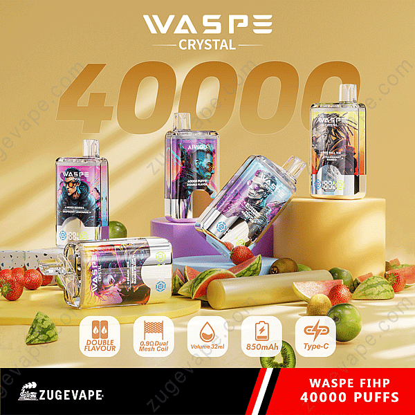 Dispositivos de vapeo Waspe Crystal Fihp 40000 Puffs presentados en plataformas geométricas con decoraciones de frutas. Las características incluyen doble sabor, bobina de malla doble de 0,9 Ω, volumen de 32 ml, batería de 850 mAh y carga tipo C. Marca de Zugevape.