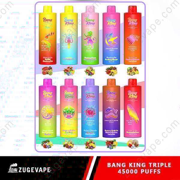Une image promotionnelle affichant une collection de bouteilles de jus Bang King Triple Vape dans divers modèles et saveurs colorés, avec un texte mettant en évidence « 45 000 bouffées ».