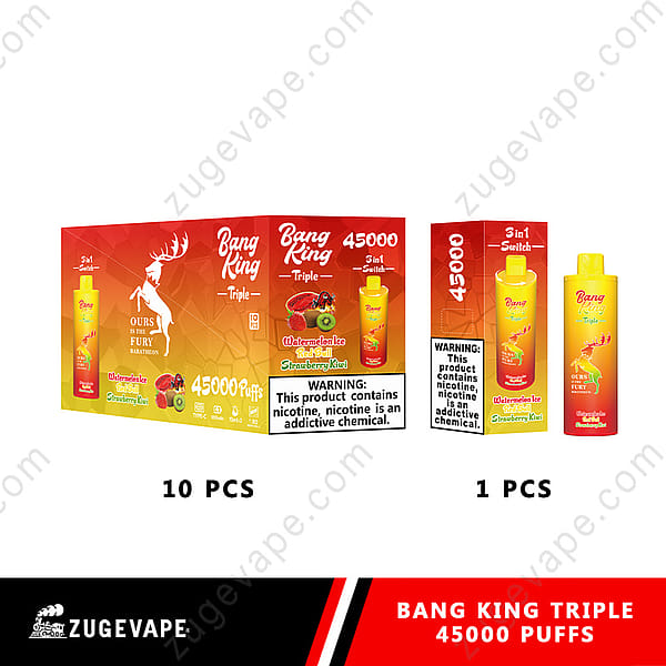 Présentation du produit Bang King Triple 45000 Puffs, avec des saveurs de glace à la pastèque, de Red Bull et de fraise kiwi, avec un design d'emballage et des détails de vape individuels, mettant en évidence l'avertissement sur la teneur en nicotine.