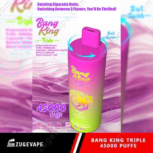 Image promotionnelle de l'appareil de vape jetable triple Bang King avec un design dégradé coloré, 45 000 bouffées et trois options de saveur avec un système rotatif 3 en 1.