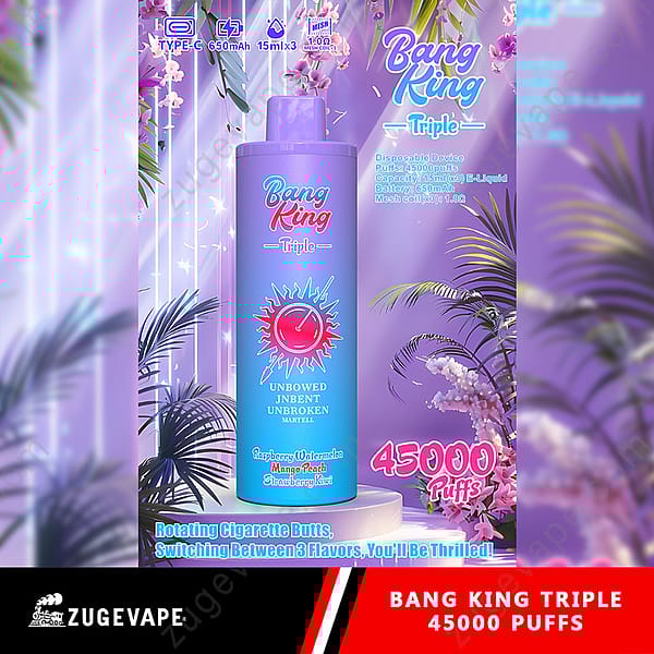 Image d'affichage promotionnelle du Bang King Triple Vape, présentant les spécifications du produit, la capacité de 45 000 bouffées et les options de saveur sur un fond vibrant avec des accents tropicaux.