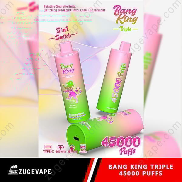 Image promotionnelle présentant les vapes jetables triples Bang King d'une capacité de 45 000 bouffées, mettant en valeur les conceptions cylindriques colorées et les caractéristiques du produit telles que le commutateur de saveur 3 en 1, le chargement USB Type-C et la batterie 650 mAh.