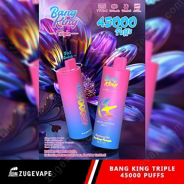 Image promotionnelle présentant l'appareil Bang King Triple Vape avec une capacité de 45 000 bouffées, mettant en évidence des conceptions vives et des descriptions de ses fonctionnalités sur un fond coloré.