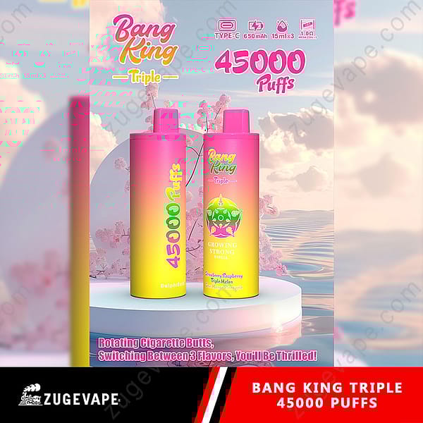 Image promotionnelle mettant en vedette la vape jetable triple Bang King avec 45 000 bouffées, présentant un design dynamique et un texte mettant en évidence les caractéristiques et les saveurs du produit, sur un fond de couleur pastel.